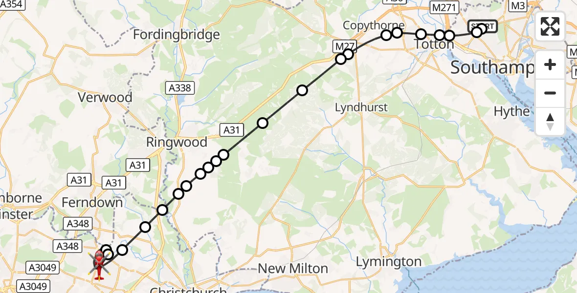 Flight route Air Ambulance Helicopter University Hospital Southampton - Bournemouth, 14 October 2026, 21:52