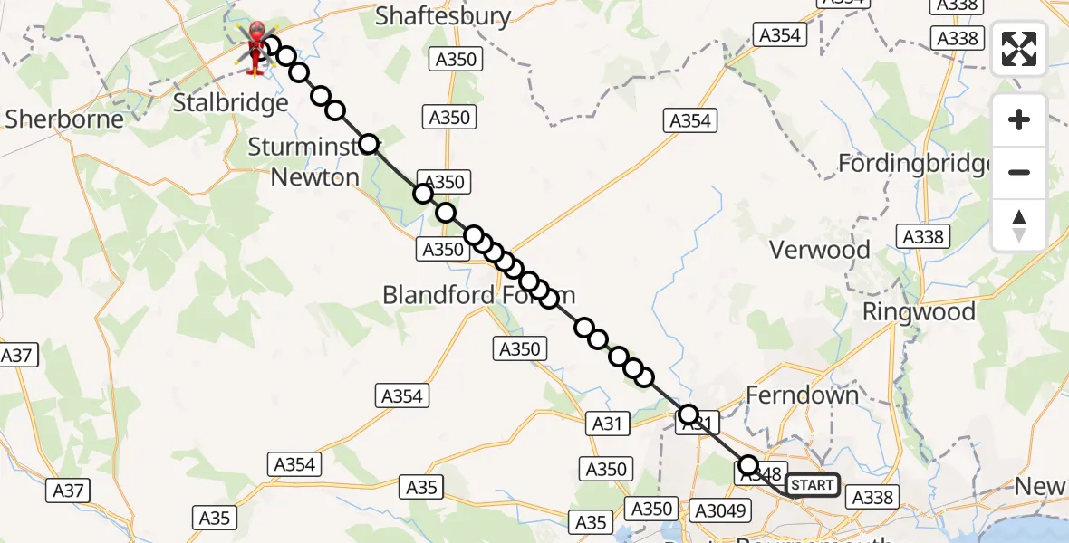 Flight route Air Ambulance Helicopter Bournemouth - Henstridge Airfield, 14 October 2026, 22:17
