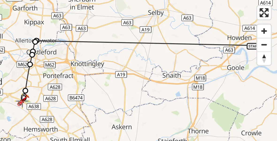 Flight route Air Ambulance Helicopter Balkholme - YAA Nostell Helicopter Port, 14 October 2026, 22:26