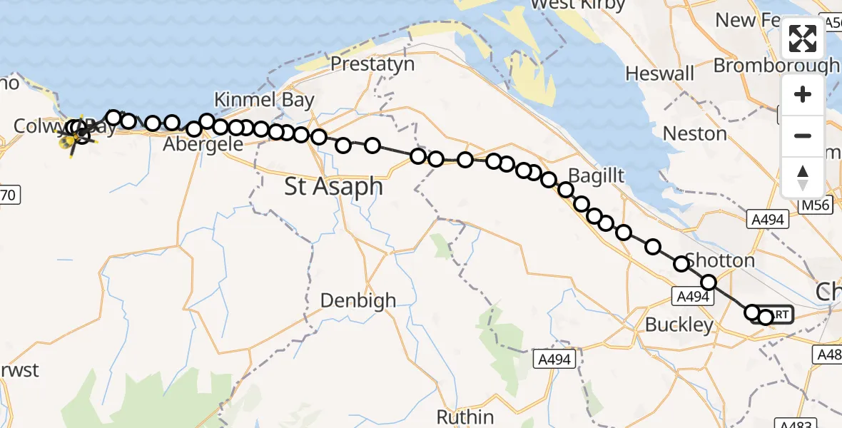 Flight route Police Helicopter Hawarden Airport - Old Colwyn, 14 October 2026, 23:06