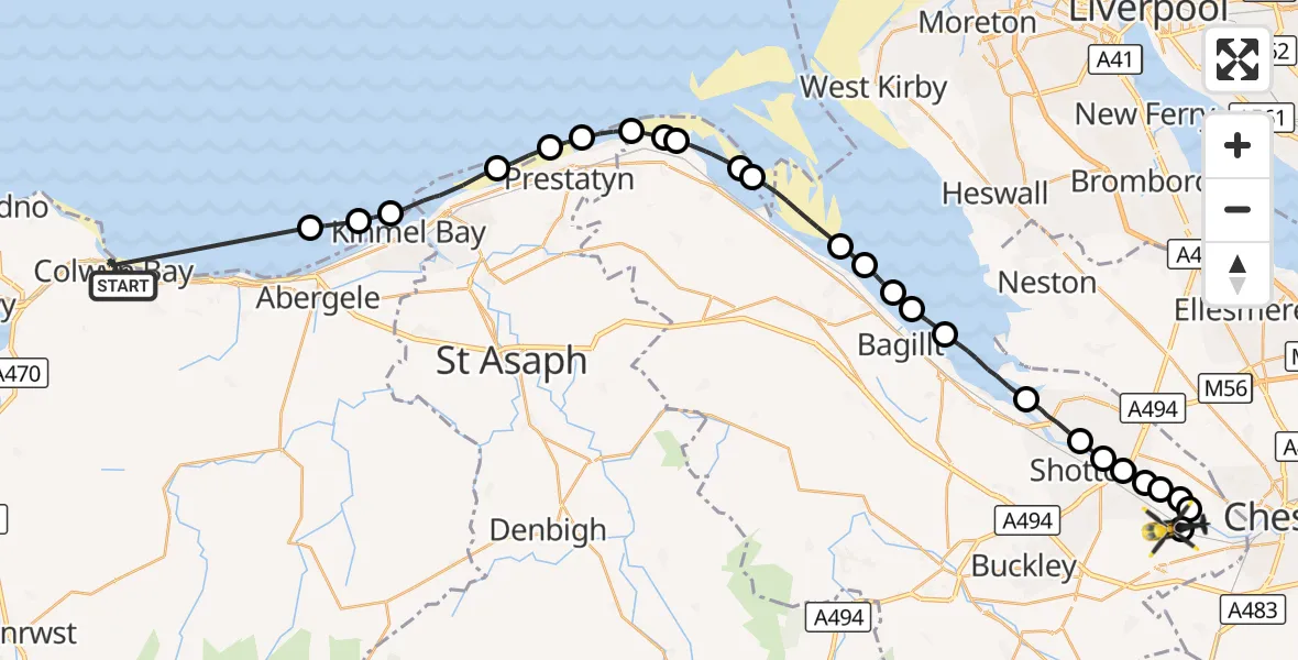 Flight route Police Helicopter Colwyn Bay - Hawarden Airport, 14 October 2026, 23:47