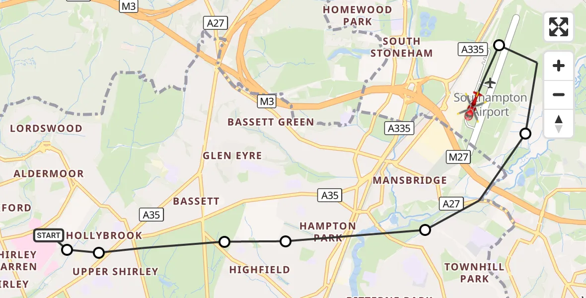 Flight route Air Ambulance Helicopter University Hospital Southampton - Southampton Airport, 15 October 2026, 00:06