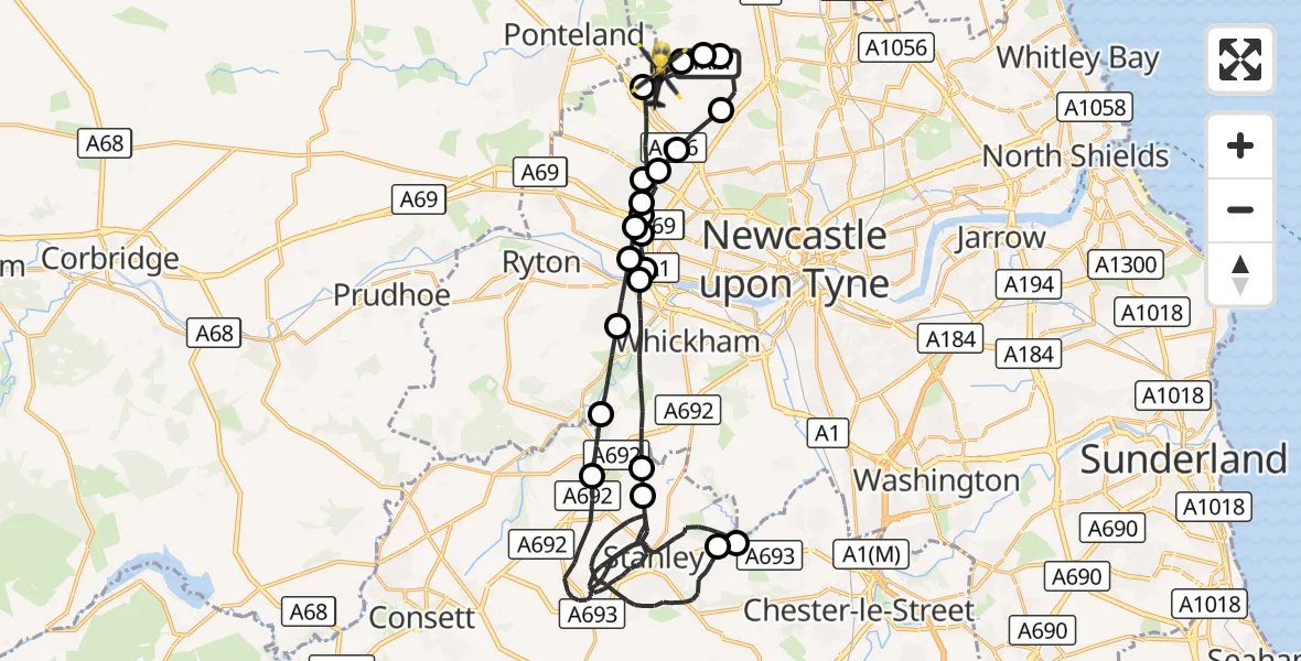 Flight route Police Helicopter Newcastle International Airport - Newcastle International Airport, 15 October 2026, 00:27
