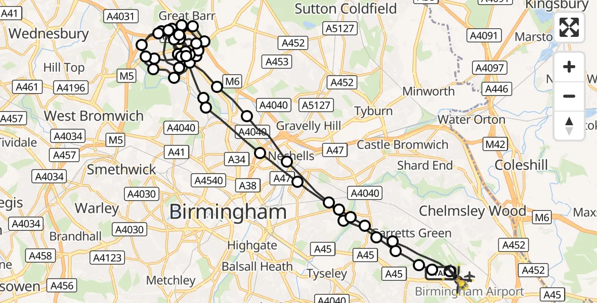 Flight route Police Helicopter Birmingham Airport - Birmingham Airport, 15 October 2026, 00:58