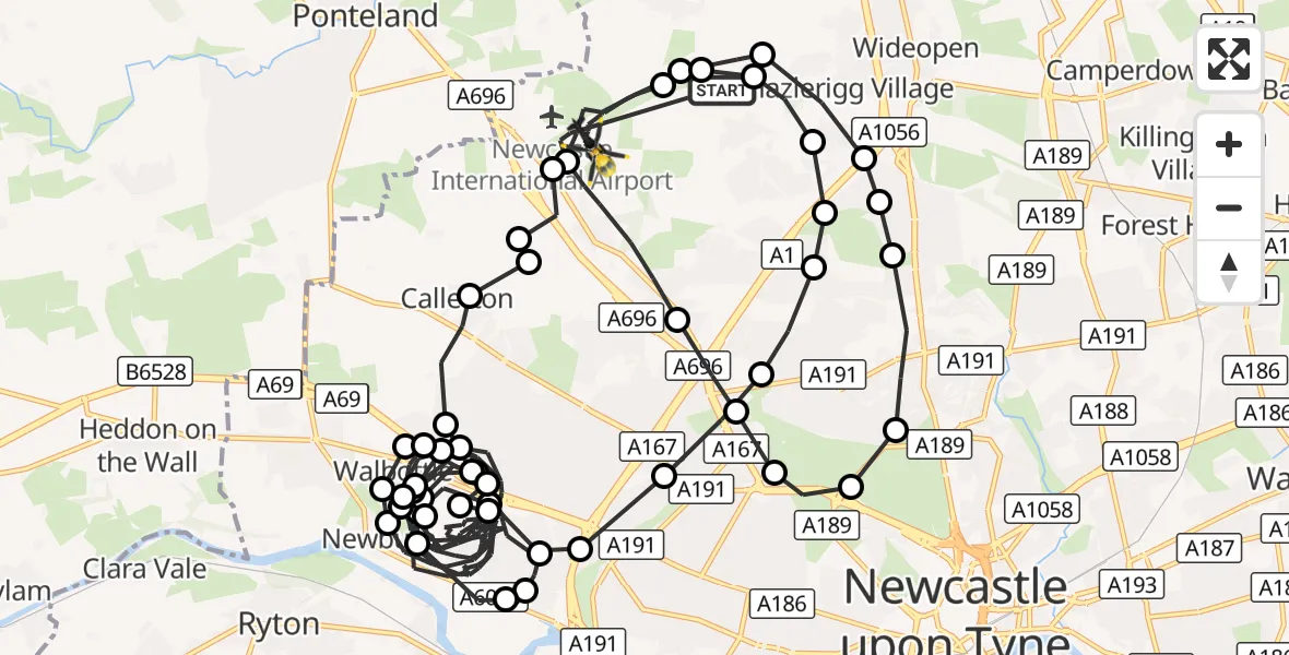 Flight route Police Helicopter Newcastle International Airport - Woolsington, 15 October 2026, 01:53