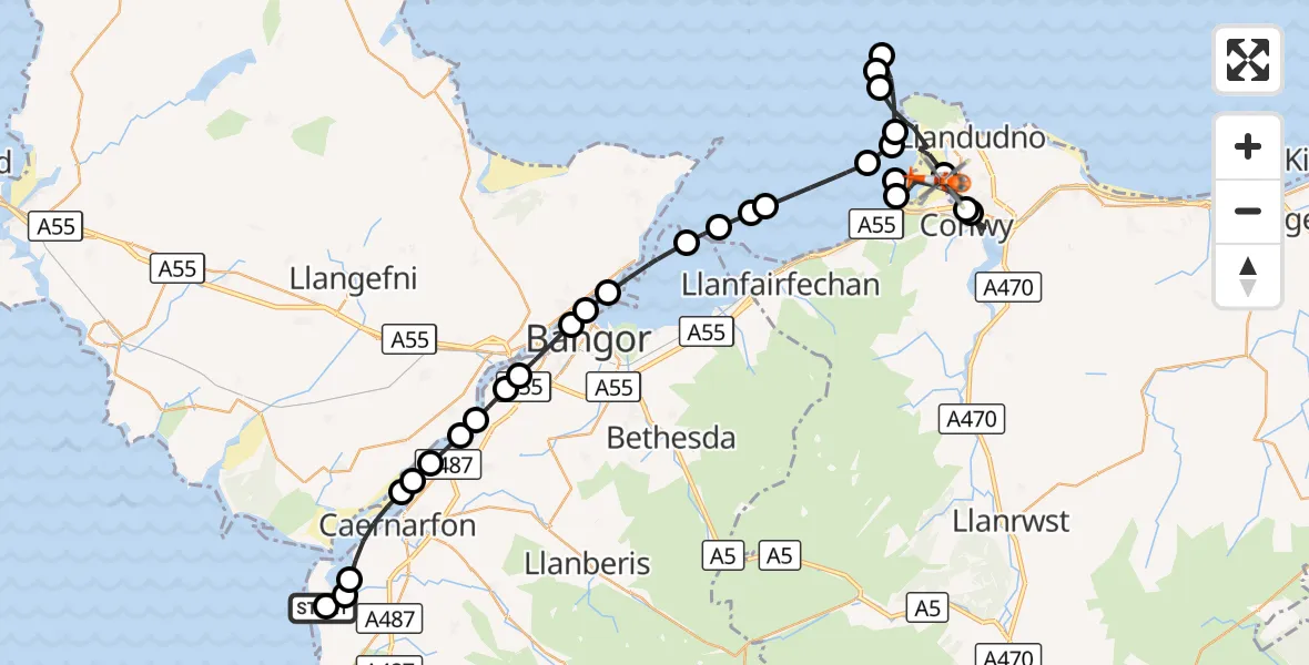 Flight route Coastguard Helicopter Caernarfon Airport - Conwy, 15 October 2026, 06:46