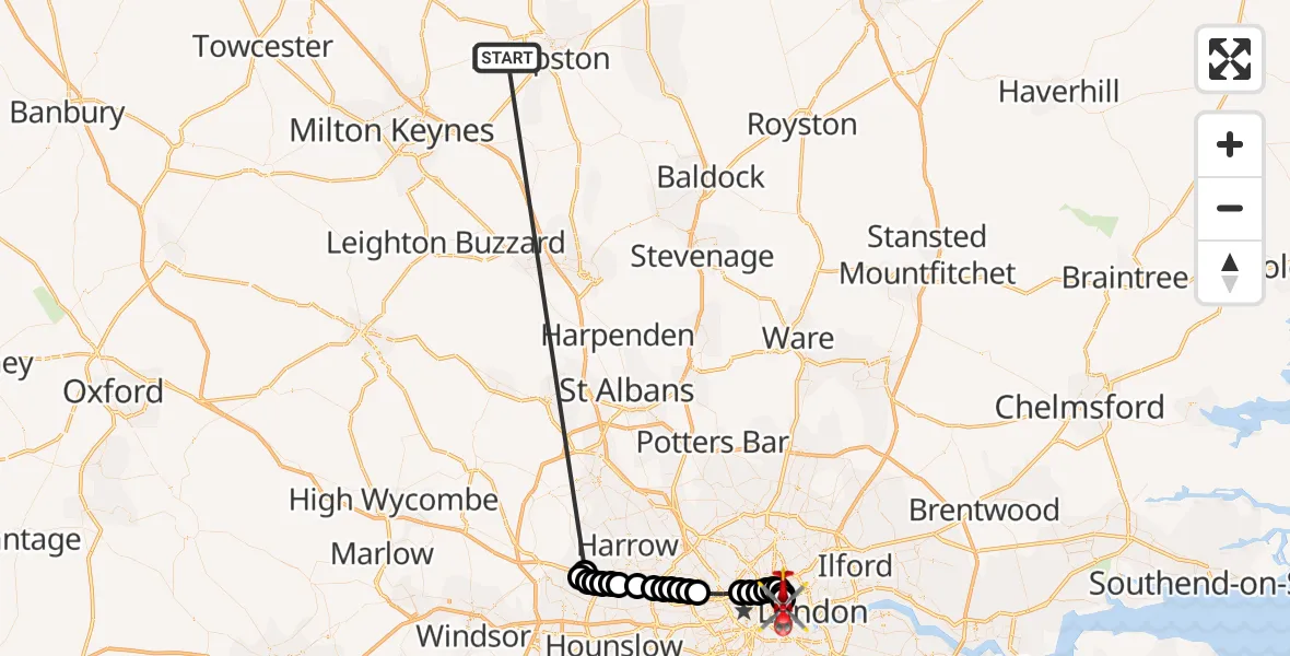 Flight route Air Ambulance Helicopter Stagsden - Royal London Hospital, 15 October 2026, 06:51