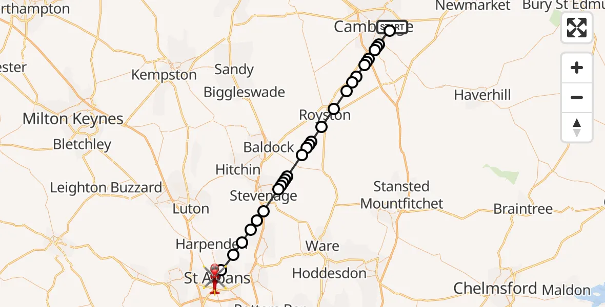 Flight route Air Ambulance Helicopter Cambridge City Airport - St Albans, 15 October 2026, 07:09