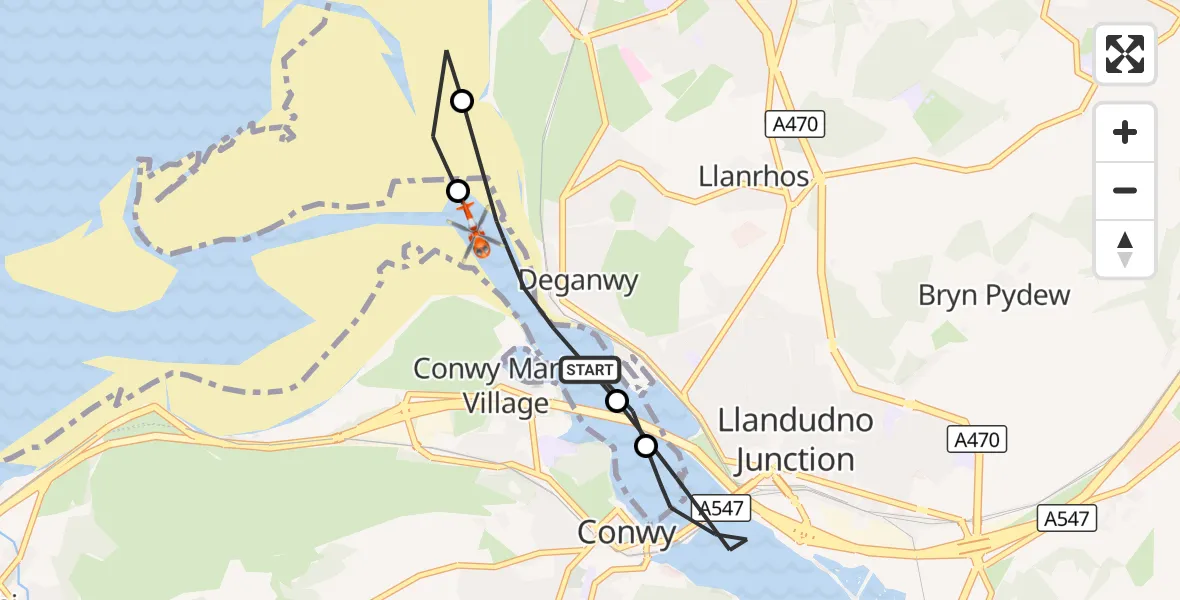 Flight route Coastguard Helicopter Conwy - Conwy, 15 October 2026, 07:16
