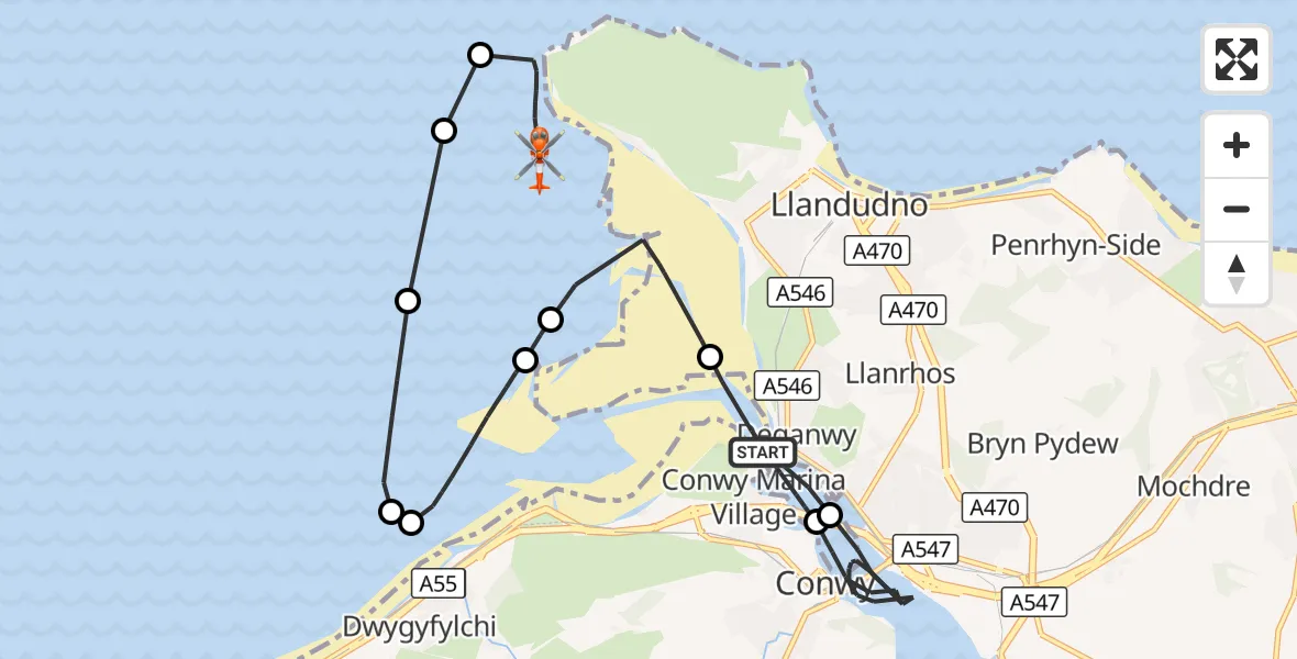 Flight route Coastguard Helicopter Conwy - Llandudno, 15 October 2026, 07:22