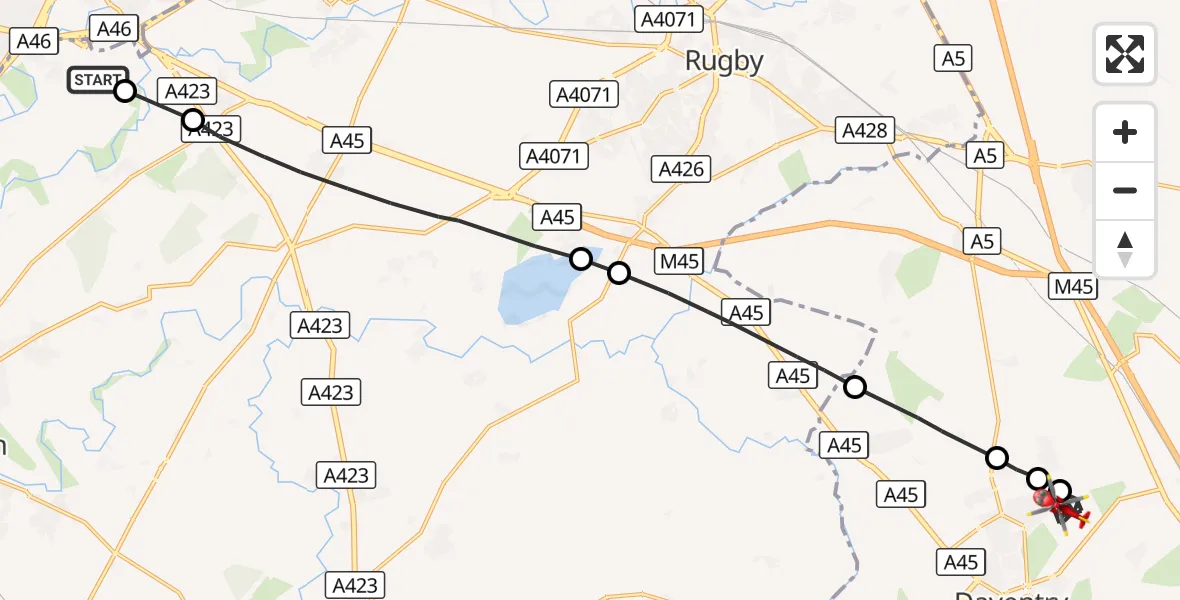 Flight route Air Ambulance Helicopter Coventry Airport - Daventry, 15 October 2026, 07:23