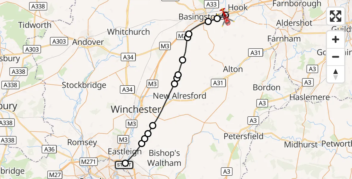 Flight route Air Ambulance Helicopter Southampton Airport - Up Nately, 15 October 2026, 07:45