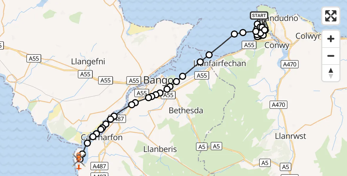Flight route Coastguard Helicopter Llandudno - Caernarfon Airport, 15 October 2026, 07:47