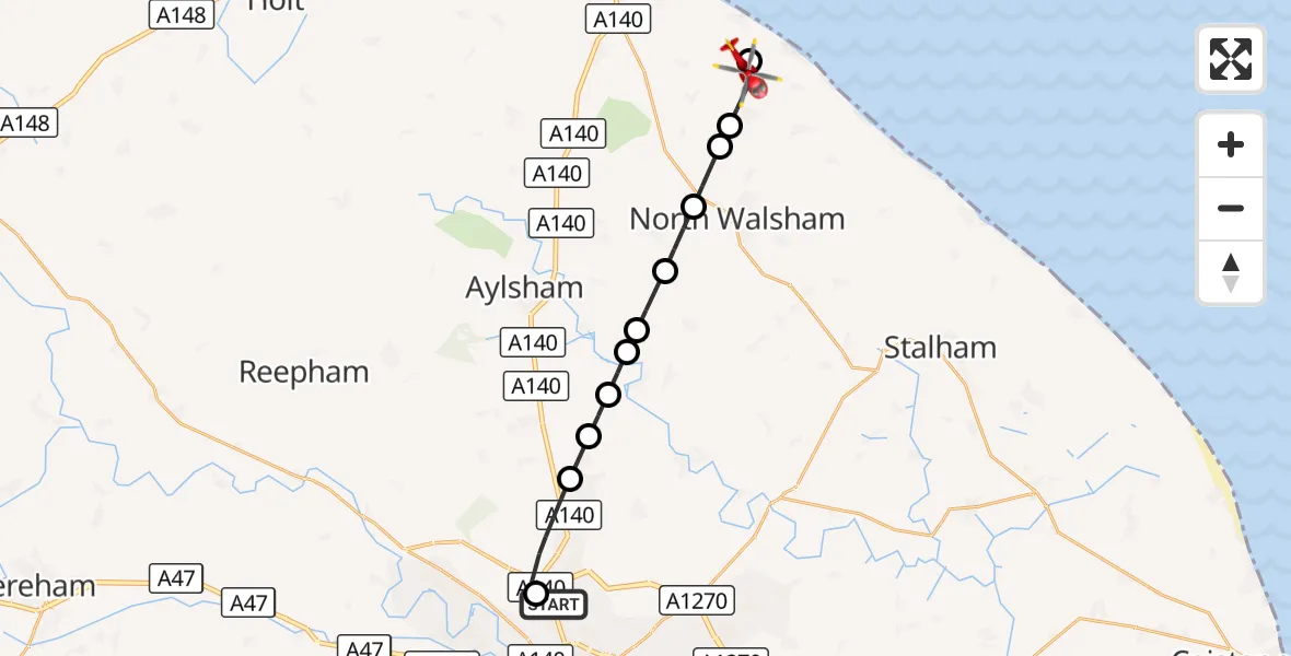 Flight route Air Ambulance Helicopter Norwich Airport - Gimingham, 15 October 2026, 08:11