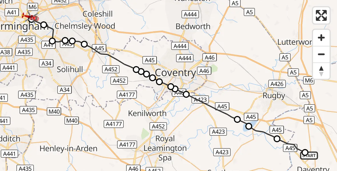 Flight route Air Ambulance Helicopter Daventry - Aston, 15 October 2026, 08:32