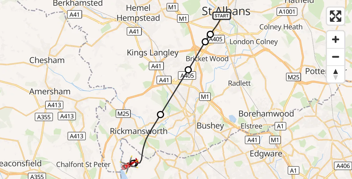 Flight route Air Ambulance Helicopter St Albans - Harefield Hospital, 15 October 2026, 08:33