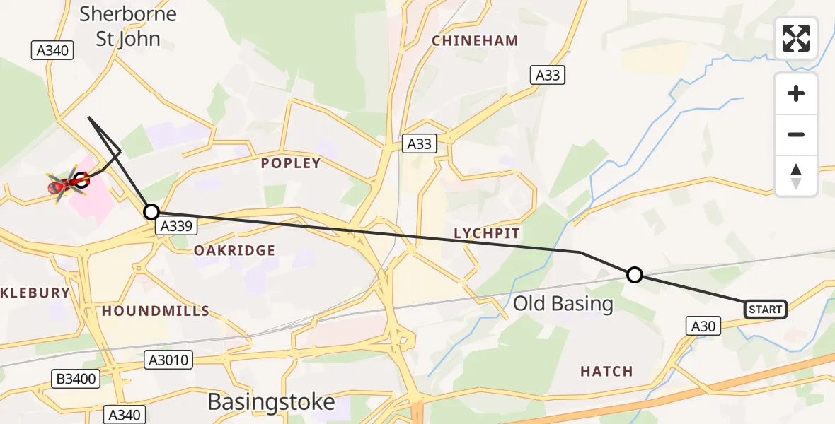 Flight route Air Ambulance Helicopter Mapledurwell - Basingstoke, 15 October 2026, 08:35