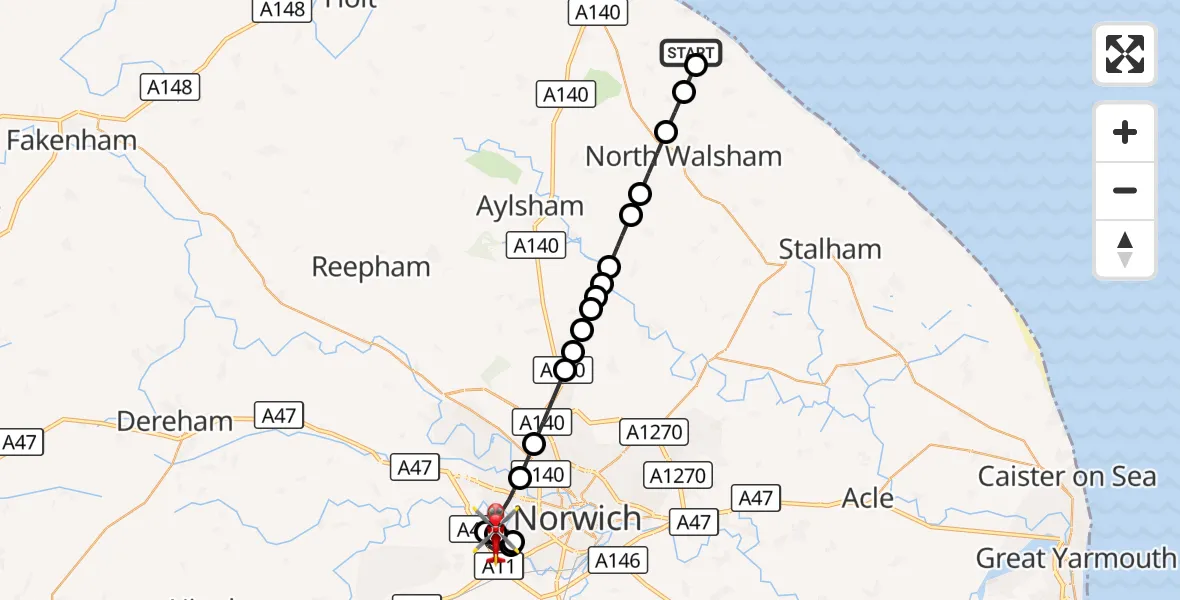 Flight route Air Ambulance Helicopter Gimingham - Norfolk & Norwich Hospital, 15 October 2026, 08:52