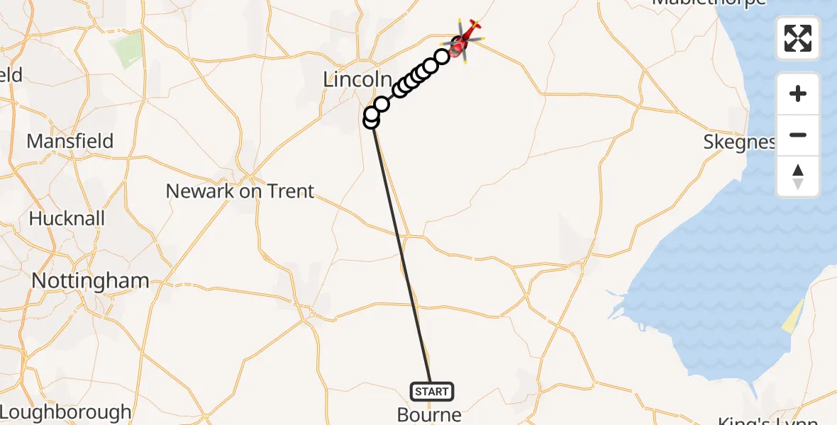 Flight route Air Ambulance Helicopter Morton - Wragby, 15 October 2026, 09:00