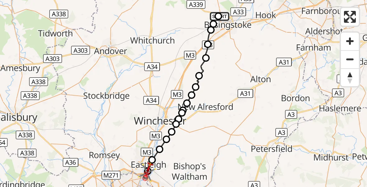 Flight route Air Ambulance Helicopter North Hampshire Hospital - Southampton Airport, 15 October 2026, 09:16
