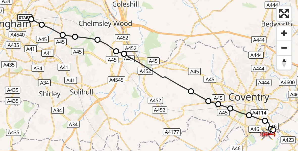 Flight route Air Ambulance Helicopter Saltley - Coventry Airport, 15 October 2026, 09:38