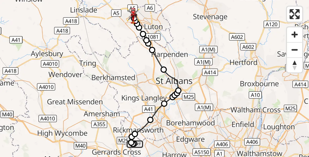 Flight route Air Ambulance Helicopter Harefield Hospital - Lewsey Farm, 15 October 2026, 09:41
