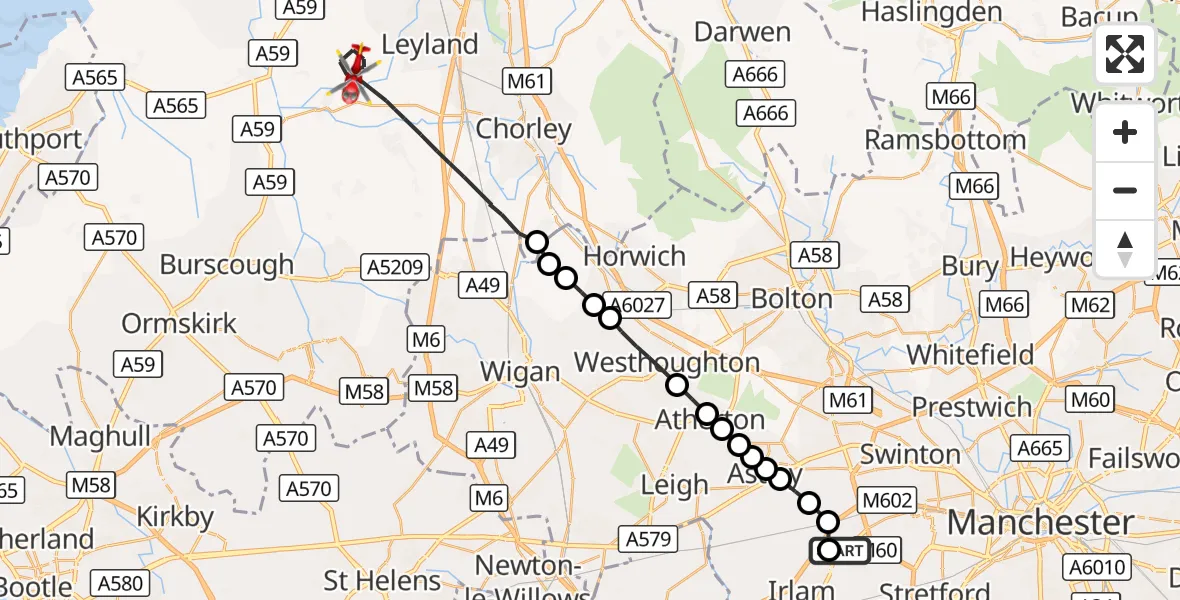 Flight route Air Ambulance Helicopter Manchester Barton Aerodrome - Chorley, 15 October 2026, 09:42