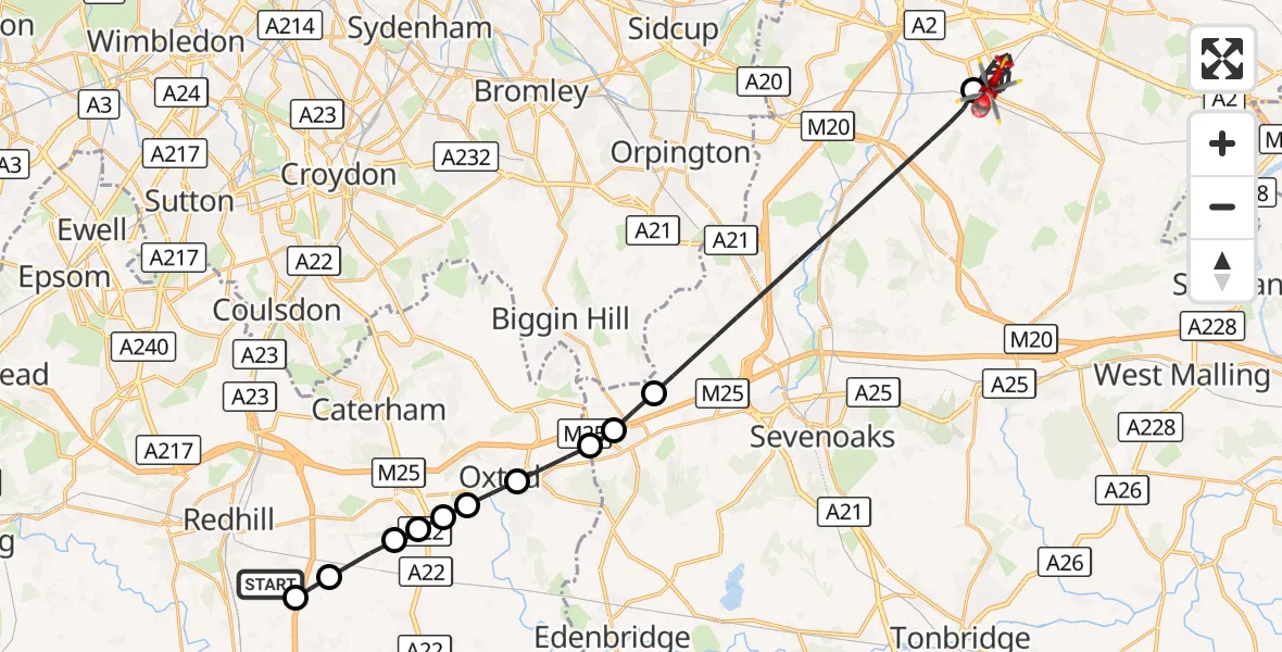 Flight route Air Ambulance Helicopter Redhill Aerodrome - Dartford, 15 October 2026, 09:53