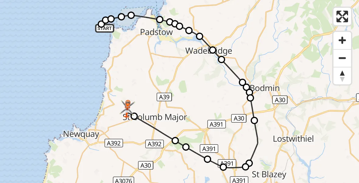 Flight route Coastguard Helicopter Constantine Bay - Cornwall Airport Newquay, 15 October 2026, 09:56