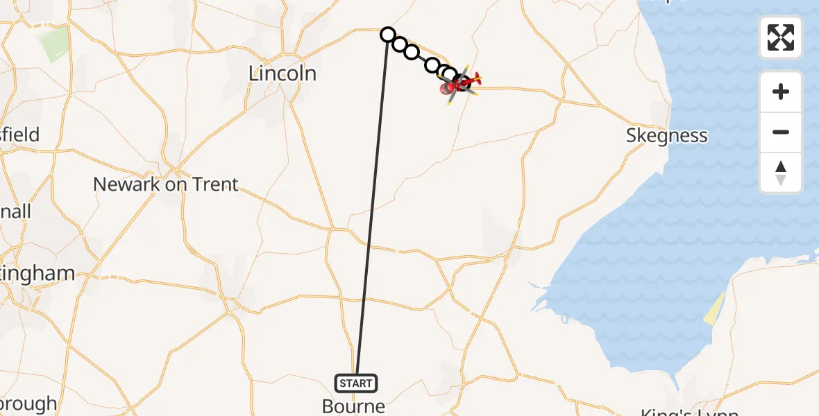Flight route Air Ambulance Helicopter Morton - Horncastle, 15 October 2026, 09:58