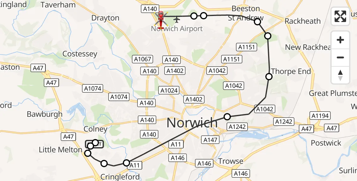 Flight route Air Ambulance Helicopter Norfolk & Norwich Hospital - Norwich Airport, 15 October 2026, 09:59