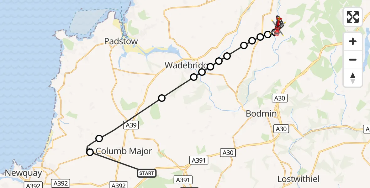 Flight route Air Ambulance Helicopter St. Columb Major - St. Breward, 15 October 2026, 10:07