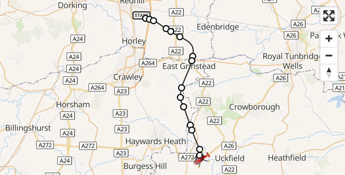 Flight route Air Ambulance Helicopter Redhill Aerodrome - Lewes, 15 October 2026, 10:29