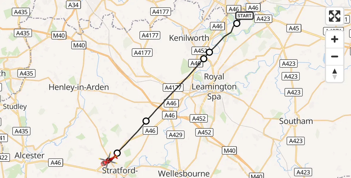 Flight route Air Ambulance Helicopter Coventry Airport - Stratford-upon-Avon, 15 October 2026, 10:42
