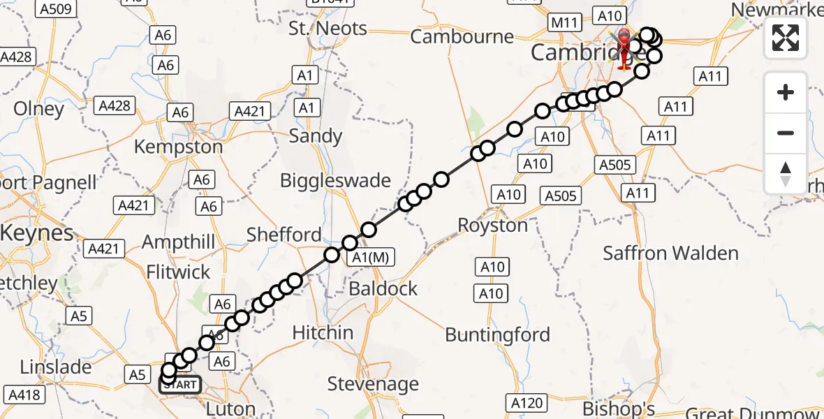 Flight route Air Ambulance Helicopter Lewsey Farm - Cambridge City Airport, 15 October 2026, 10:46