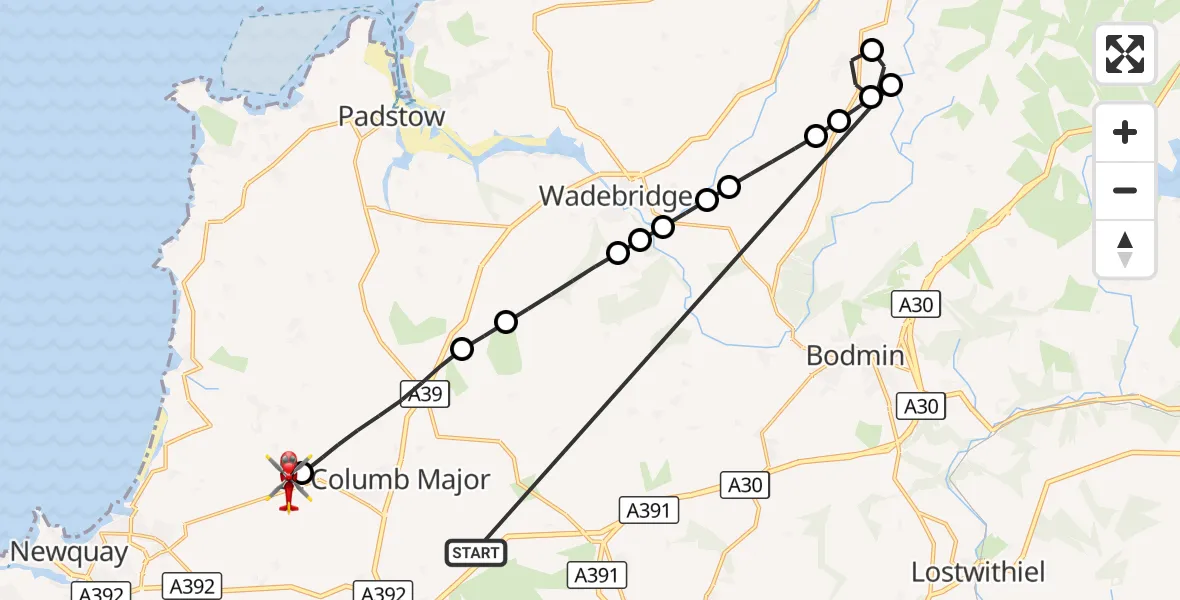 Flight route Air Ambulance Helicopter St. Columb Major - Cornwall Airport Newquay, 15 October 2026, 10:49