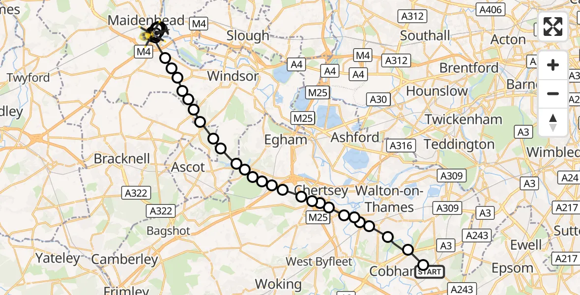 Flight route Police Helicopter Stoke D'Abernon - Maidenhead, 15 October 2026, 11:08