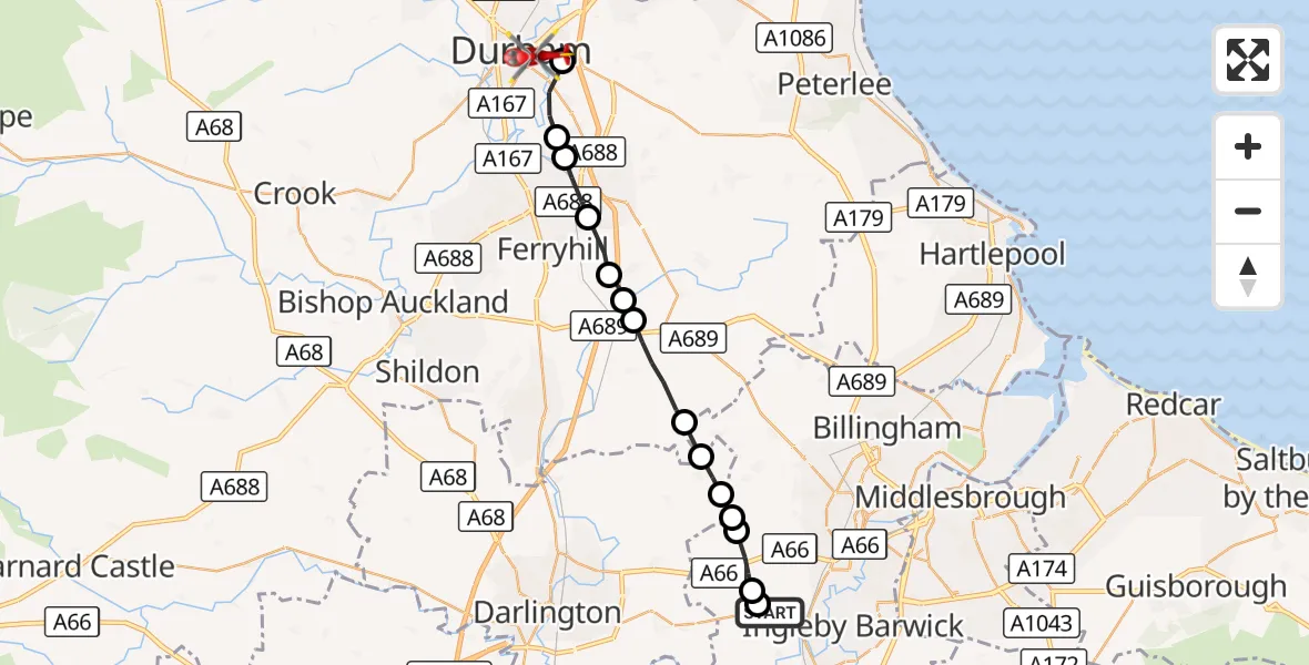 Flight route Air Ambulance Helicopter Egglescliffe - Durham, 15 October 2026, 11:11