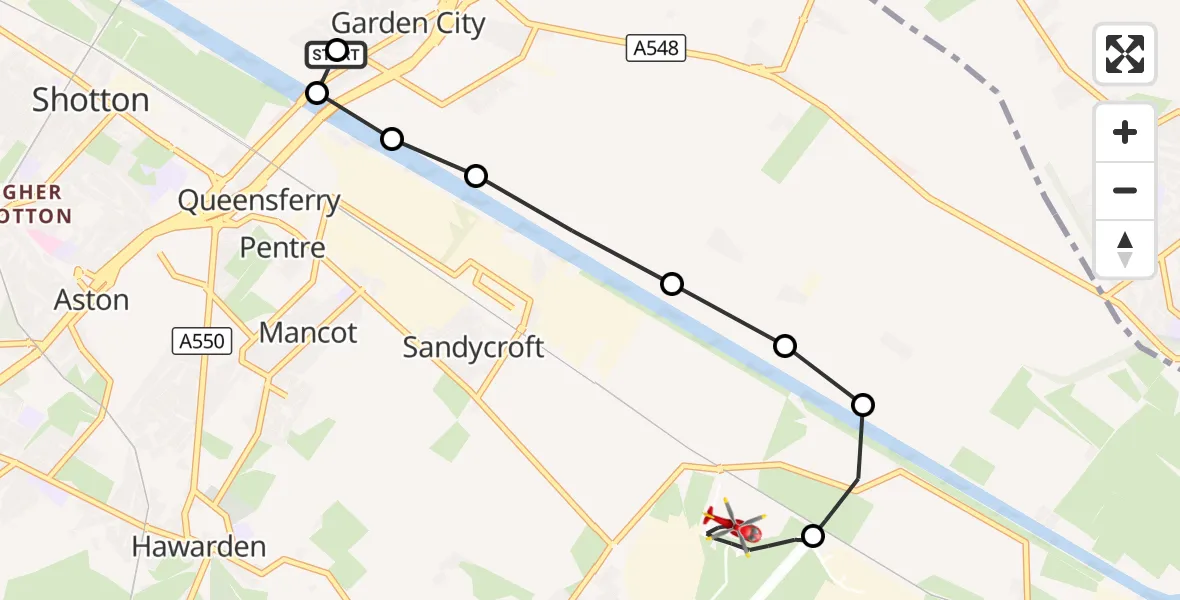 Flight route Air Ambulance Helicopter Garden City - Hawarden Airport, 15 October 2026, 11:22