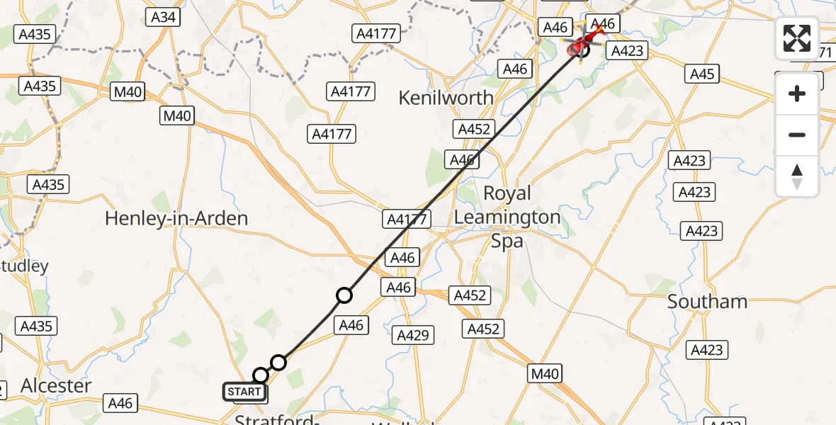 Flight route Air Ambulance Helicopter Stratford-upon-Avon - Coventry Airport, 15 October 2026, 11:27