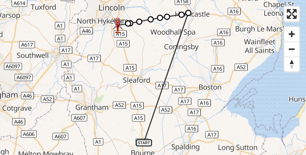 Flight route Air Ambulance Helicopter Morton - North Kesteven, 15 October 2026, 11:29