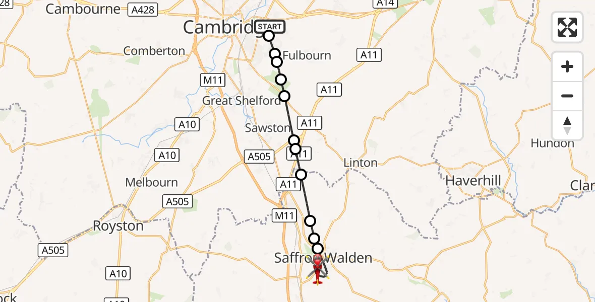 Flight route Air Ambulance Helicopter Cambridge City Airport - Saffron Walden, 15 October 2026, 11:39