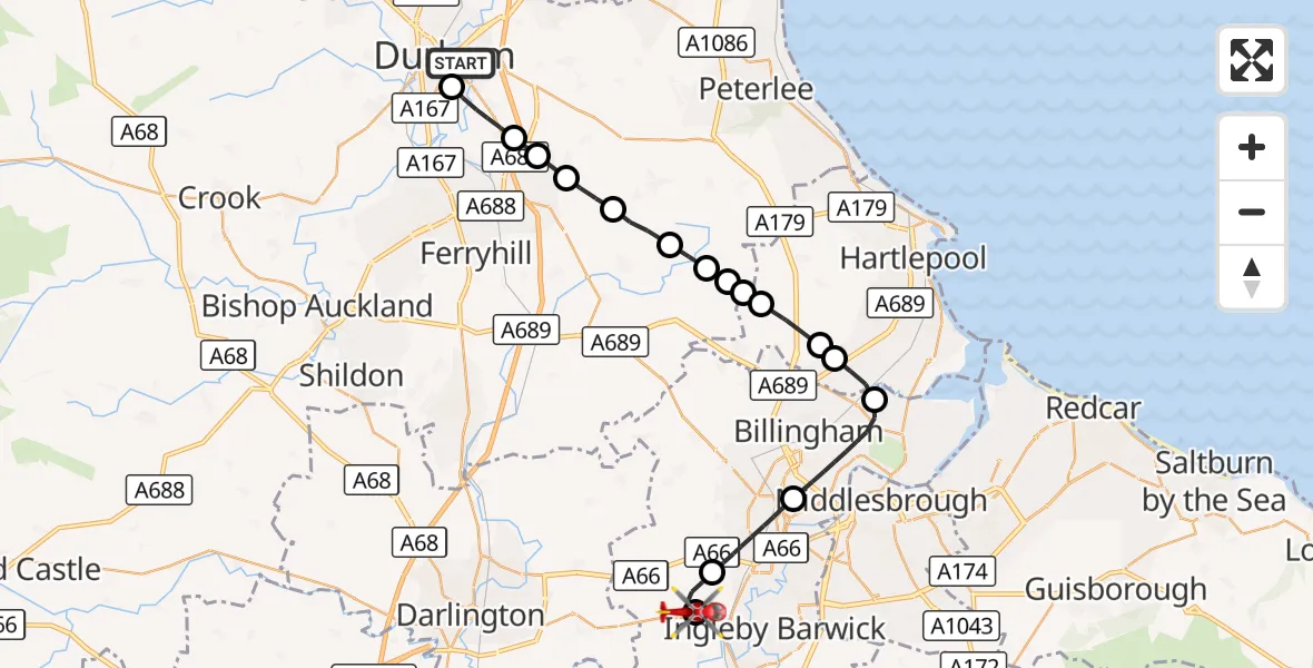 Flight route Air Ambulance Helicopter Durham - Egglescliffe, 15 October 2026, 11:45