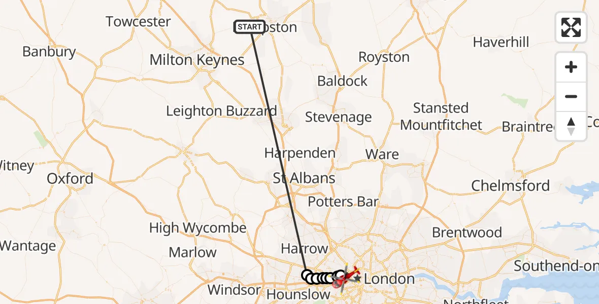 Flight route Air Ambulance Helicopter Stagsden - City of Westminster, 15 October 2026, 12:17