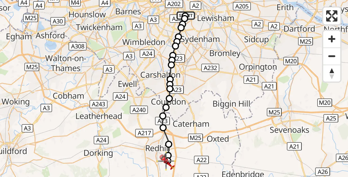 Flight route Air Ambulance Helicopter Kings College London Hospital - Redhill Aerodrome, 15 October 2026, 12:21