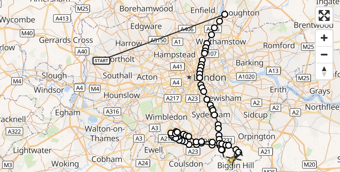 Flight route Police Helicopter Hillingdon - London Biggin Hill Airport, 15 October 2026, 12:24