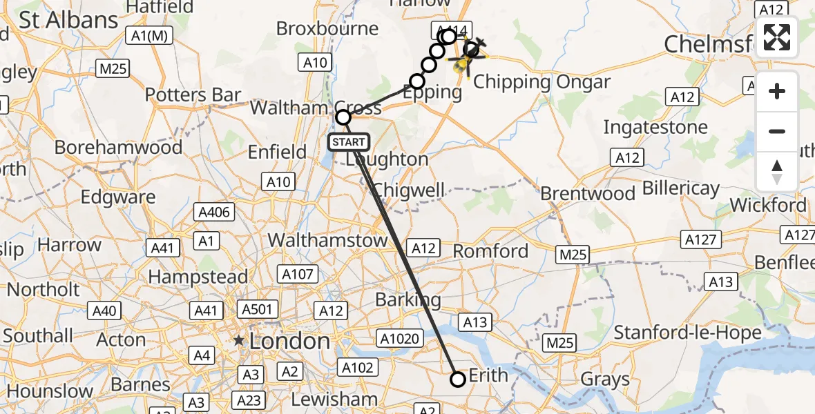 Flight route Police Helicopter Sewardstonebury - North Weald Airfield, 15 October 2026, 12:33