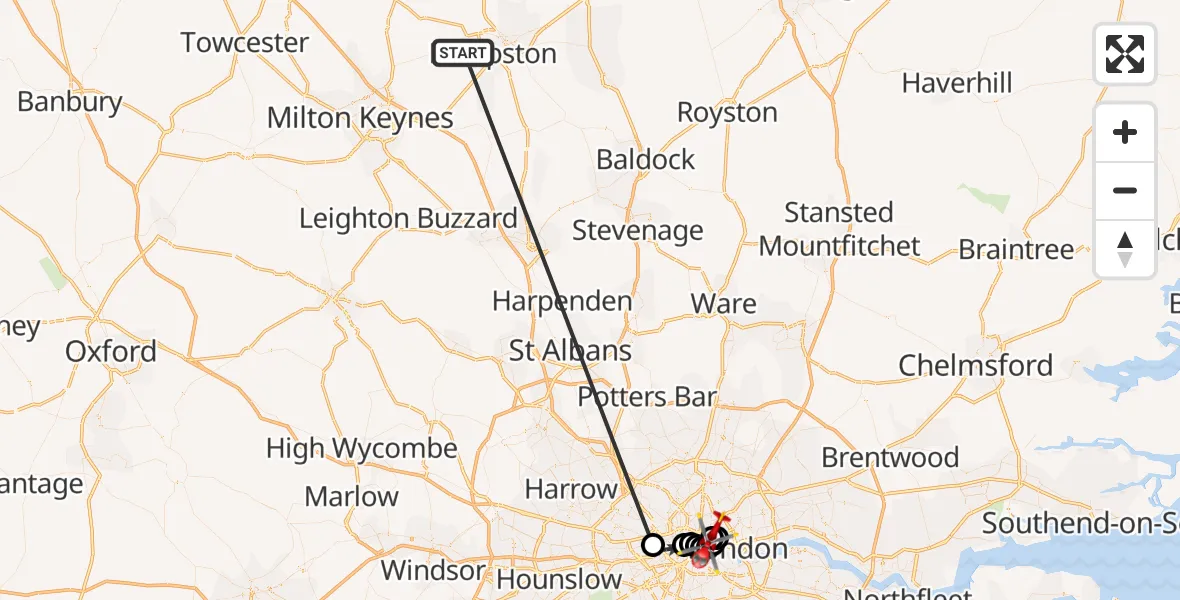 Flight route Air Ambulance Helicopter Stagsden - Royal London Hospital, 15 October 2026, 12:37