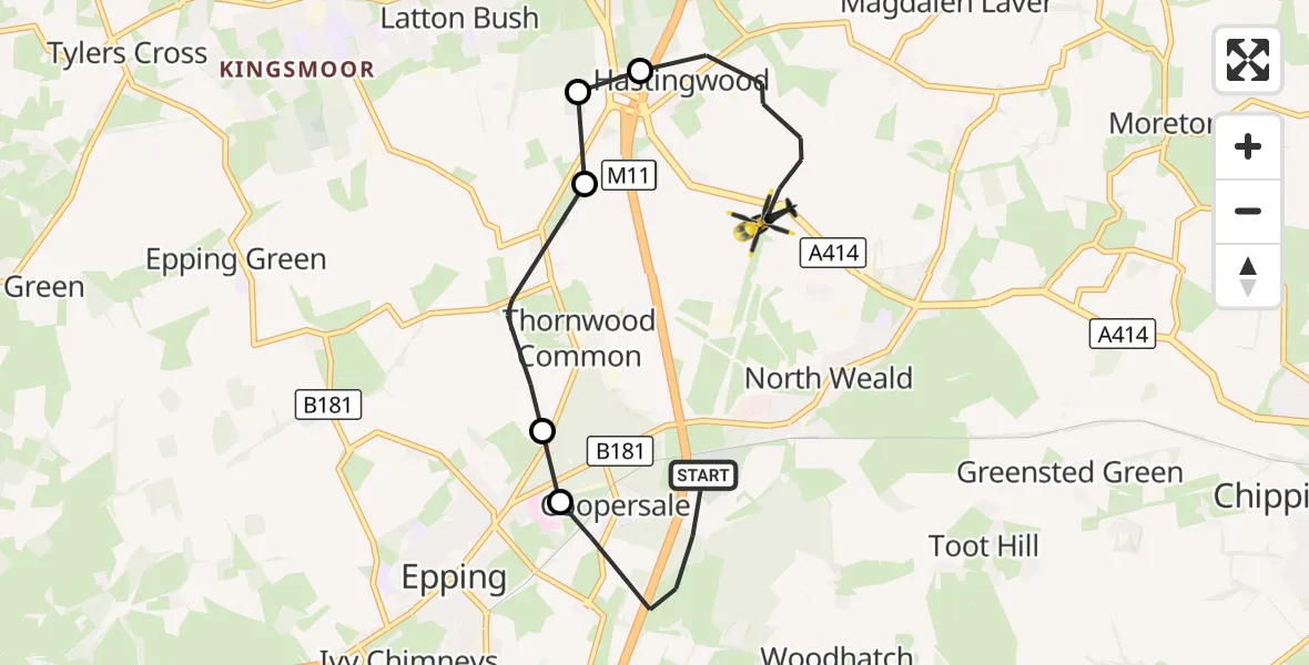 Flight route Police Helicopter Coopersale - North Weald Bassett, 15 October 2026, 12:47