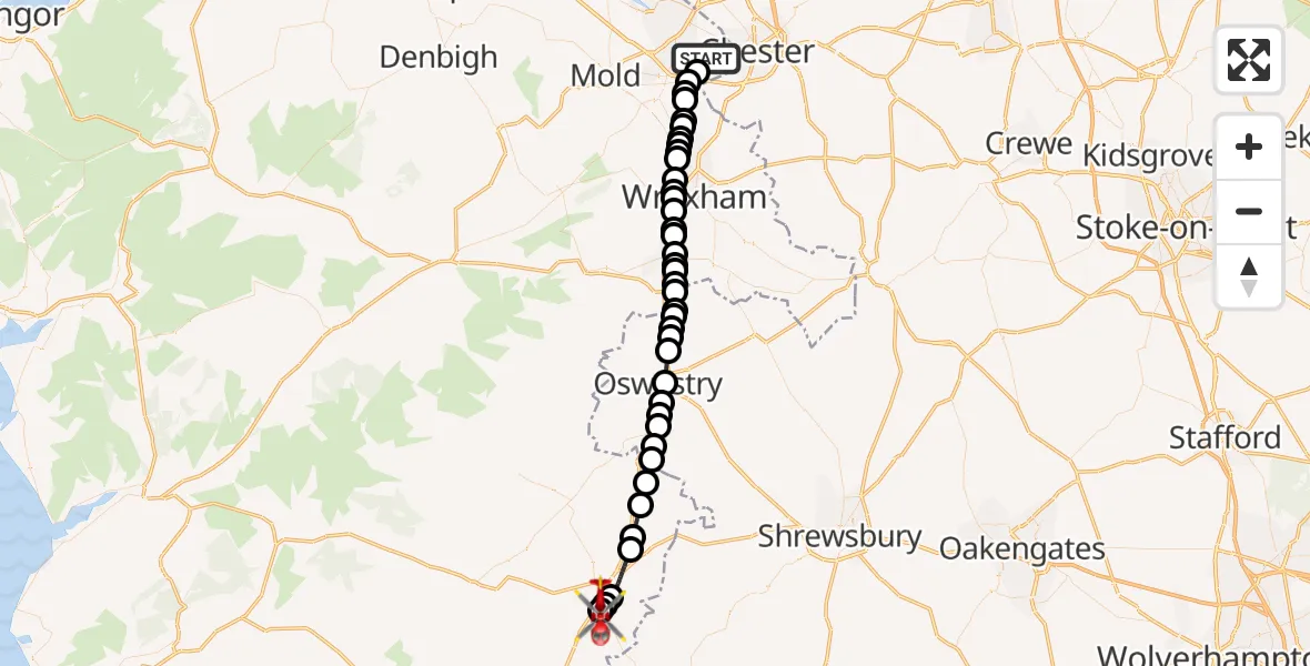 Flight route Air Ambulance Helicopter Hawarden Airport - Welshpool Airport, 15 October 2026, 12:55
